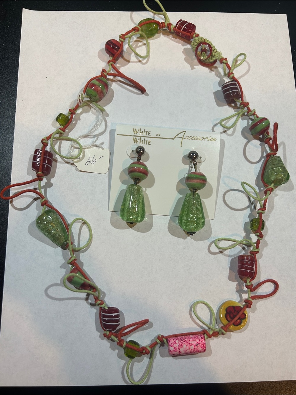 Green & Red Beaded Necklace with Matching Earrings